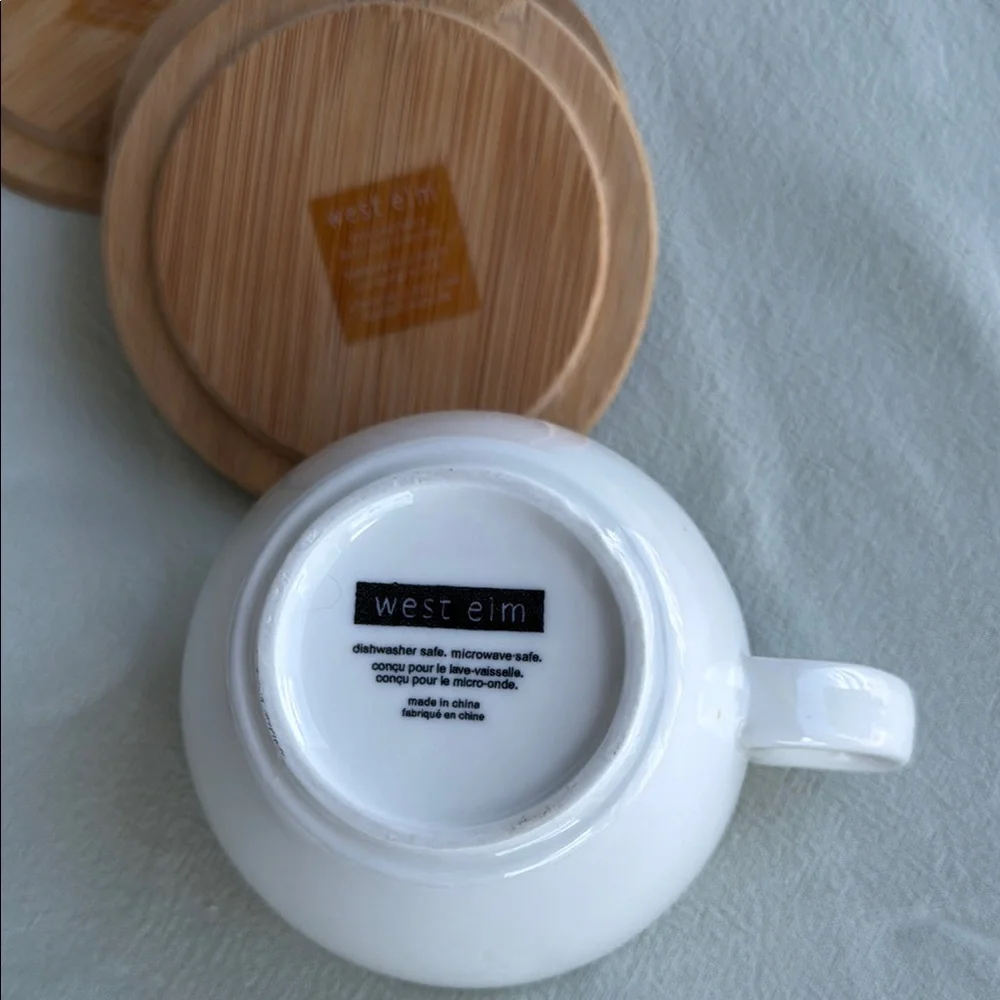White Ceramic Cups with Bamboo Coasters Set